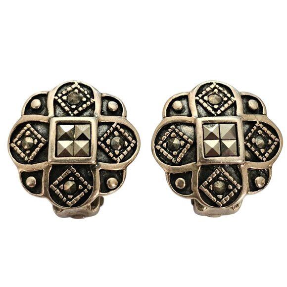 Sterling Silver Clip-On Earrings Cross Flower, Marcasites - Picture 1 of 9